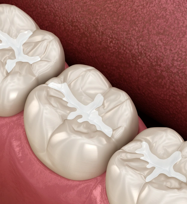 A 3D illustration showing white dental sealants applied to the deep grooves of molars next to text about cavity prevention at Biltmore Cosmetic & Restorative Dentistry in Phoenix.